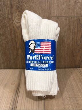 WorkForce Vintage Heel & Toe Crew Socks White 2 Pairs 10-13 Made in USA Duraspun